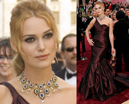 Keira Knightley - dark plum Vera Wang one shouldered dress: Oscars (2006).